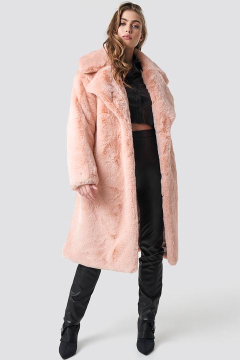 Hannalicious X Na-kd Belted Faux Fur Midi Coat - Pink