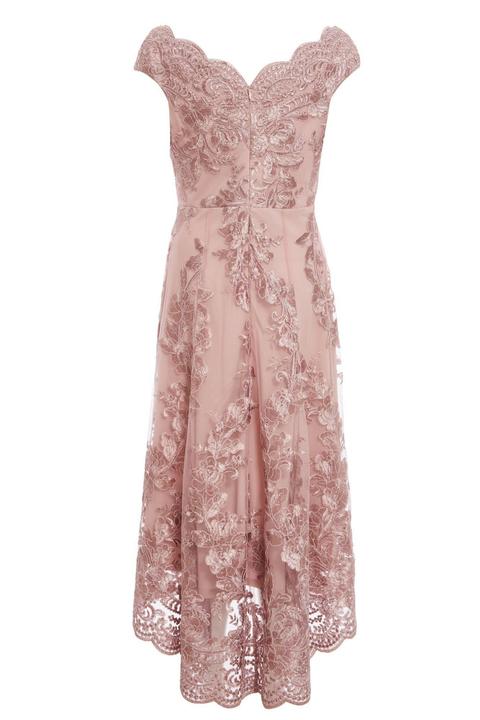 quiz pink embroidered dip hem dress