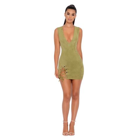 Thigh And Mighty Plunge Suede Mini Dress In Olive