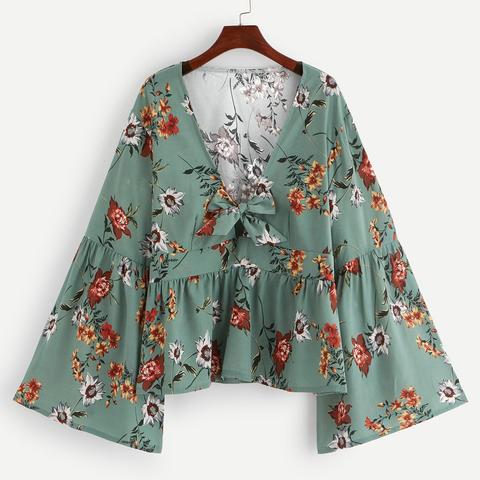 Blusa Con Lazo Con Estampado Floral Bajo Con Volantes - Grande from ...