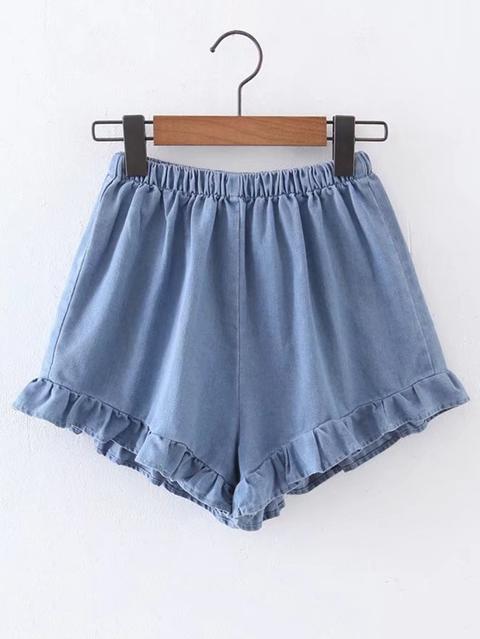 Shorts En Denim Con Cintura Elástica Con Volantes