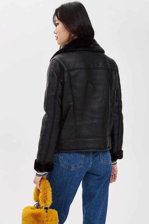 Topshop Petite faux leather shearling aviator biker jacket in black