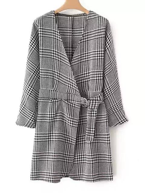 Vestido De Manga Larga Con Frente De Pata De Gallo Cruzado Checked