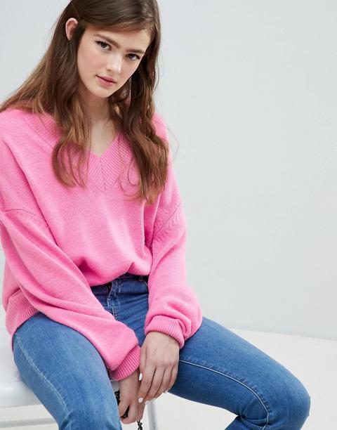 Asos Design - Maglione Oversize Con Profondo Scollo A V - Rosa