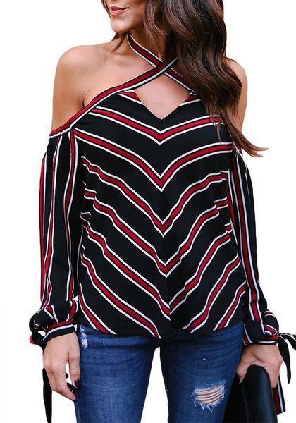 Black Striped Halter Off-shoulder Blouse