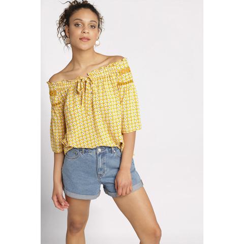 Blouse Manches 3/4 À Macramé Jaune Femme