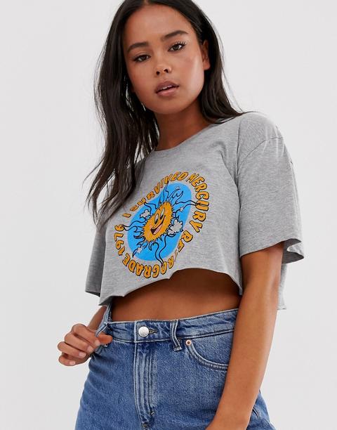 New Girl Order Organic Cotton Crop T-shirt With Sun Graphic - Gray