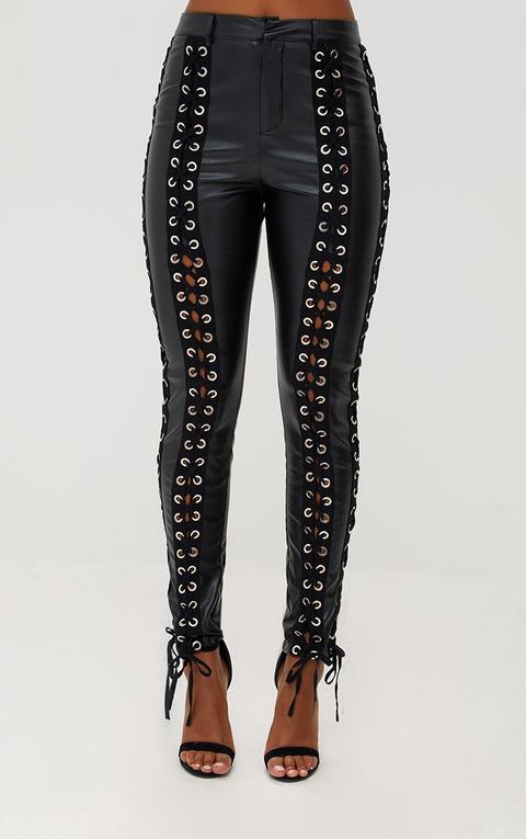 Black Faux Leather Lace Up Skinny Trousers