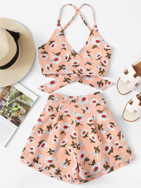 Knot Back Top Con Stampa Floreale Con Pantaloncini