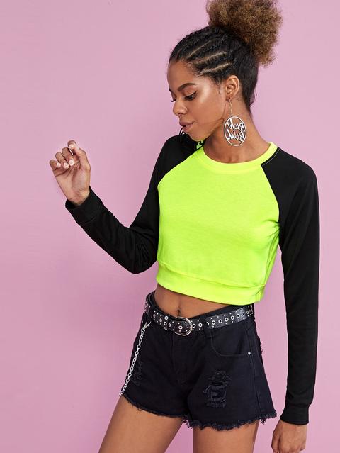 Felpa Corta Neon Lime A Contrasto Con Manica Raglan