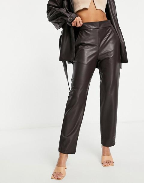 Asos Design Leather Look Slide Trackpant In Chocolate-brown