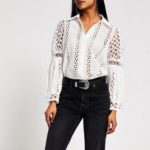 Petite White Broderie Long Sleeve Shirt