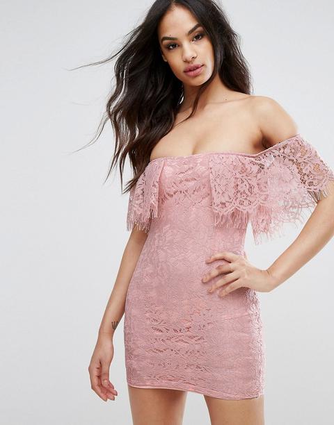 Vestido Ajustado De Encaje Con Escote Bardot De Prettylittlething