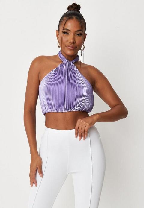 Carli Bybel X Missguided Lilac Plisse Halterneck Crop Top, Lilac