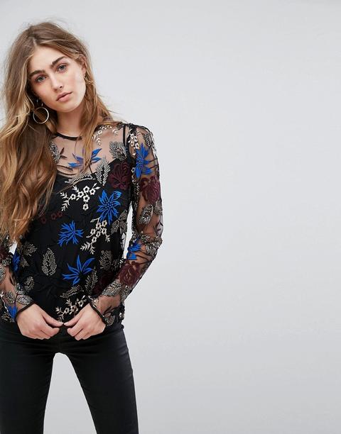 River Island - Top A Rete Ricamato Con Paillettes - Multicolore