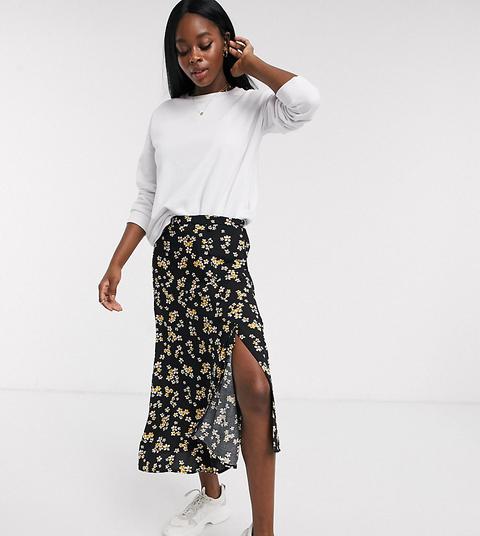 Wednesday's Girl Midi Skirt With Asymmetric Hem In Ditsy Floral-black