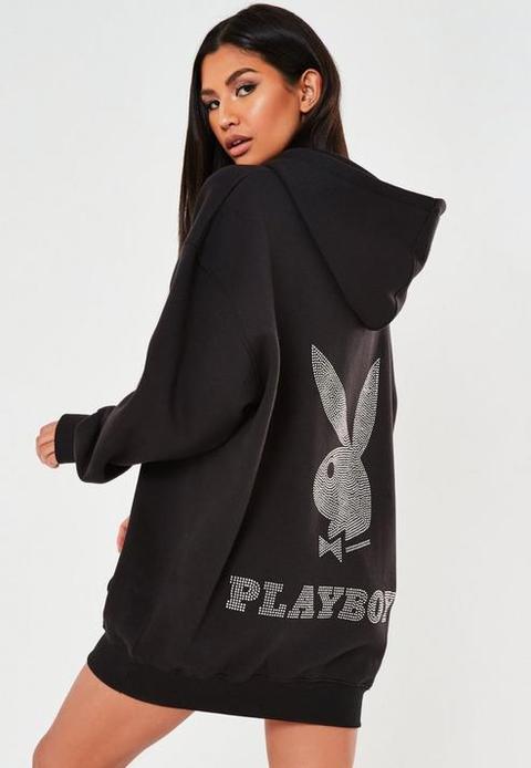 Playboy X Missguided Black Diamante Hoodie Sweater Dress, Black