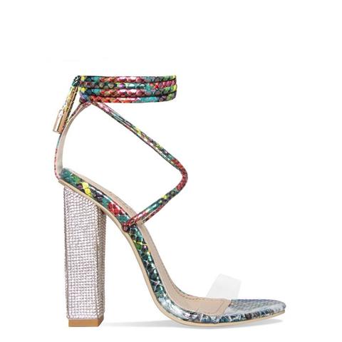 Karla Turquoise Multi Snake Clear Lace Up Diamante Heels