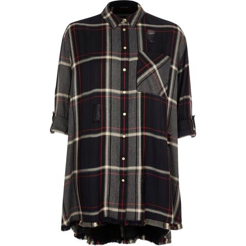 Navy Check Print Distressed Shirt