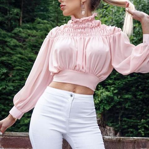 Pink Shirring Detail High Neck Tie Back Crop Top