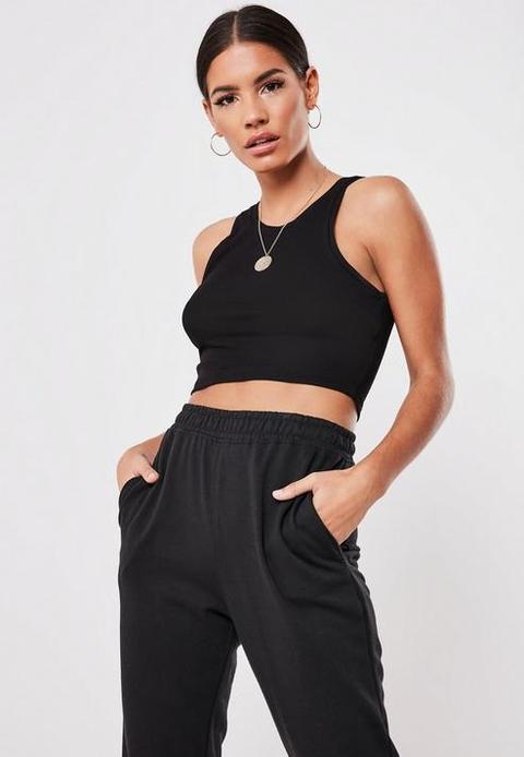 Black Ribbed Sleeveless Crop Top, Black