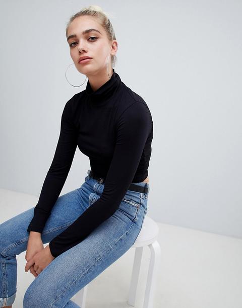 Asos Design - Top Corto Accollato A Maniche Lunghe Nero - Nero