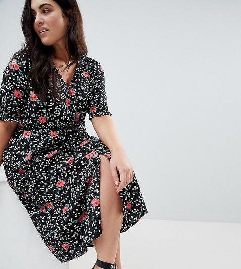 Influence Plus Shirred Sleeve Floral Midi Dress - Black