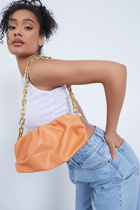 Orange Ruched Chain Grab Bag , Orange