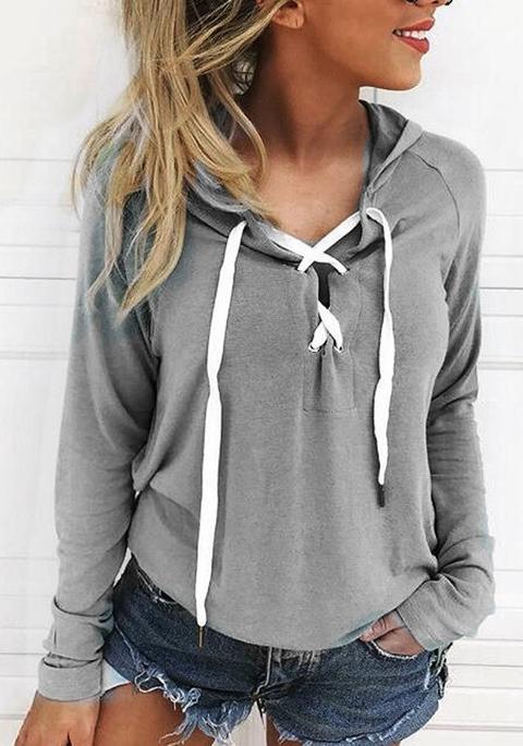 Grey Drawstring Lace Up Hooded Long Sleeve Fashion Casual Pullover Sweatshirt