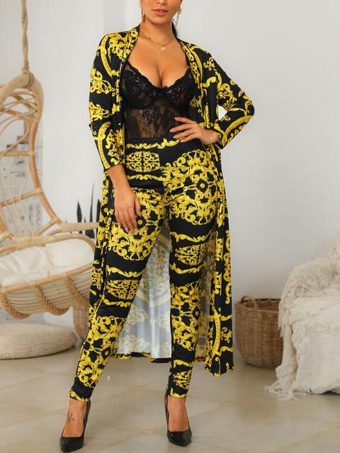 Open Front Retro Print Cardigan & Pant Sets