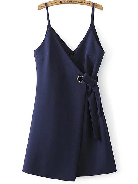 Vestido Asimétrico Con Tirantes Y Lazo - Azul Marino
