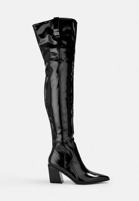 Black Patent Western Over The Knee Boots, Black