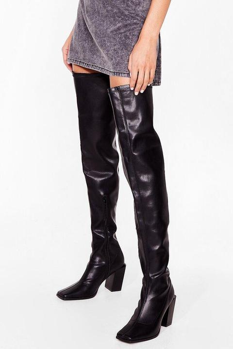 Bottes Cuissardes En Similicuir À Bout Et Talon Carré - Noir - 37, Noir