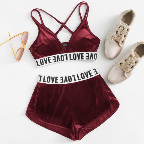 Letter Hem Velvet Bra & Dolphin Hem Shorts Co-ord