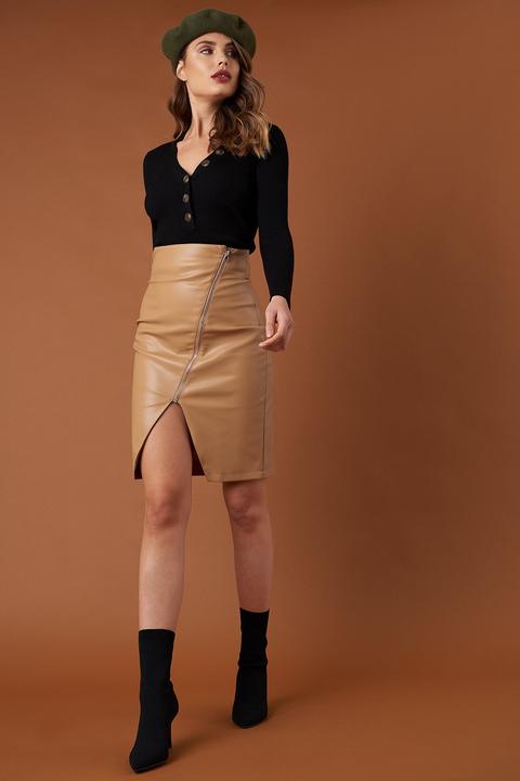 Na-kd Trend Front Zipper Pu Skirt - Brown