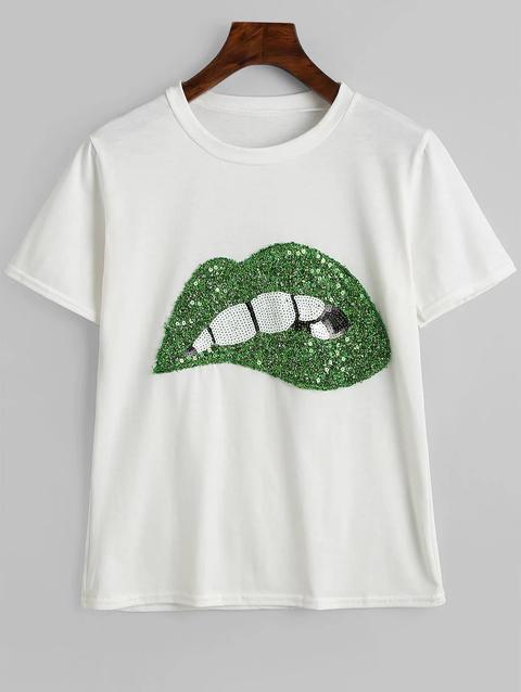 T-shirt A Girocollo Con Motivo Di Labbra Con Paillettes