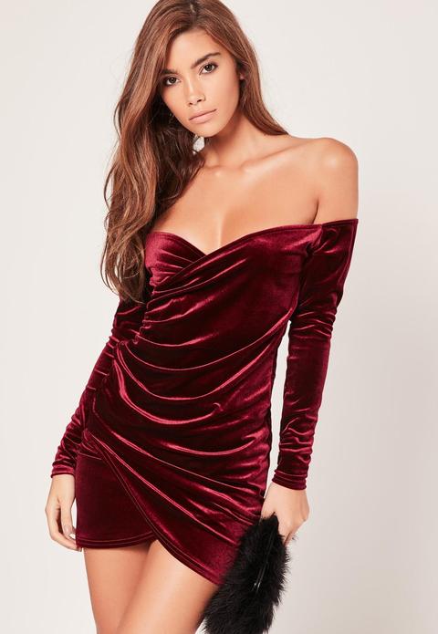 Bardot Wrap Long Sleeve Velvet Dress 