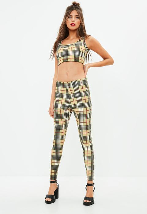 Beige Checked Leggings & Crop Top Co-ord Set