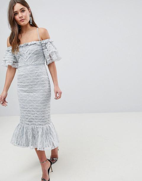 Vestido De Tubo Midi Con Encaje Y Detalle De Volante Linear De Asos-gris