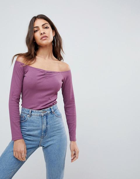 Asos - Top Attillato A Coste Con Spalle Scoperte - Viola