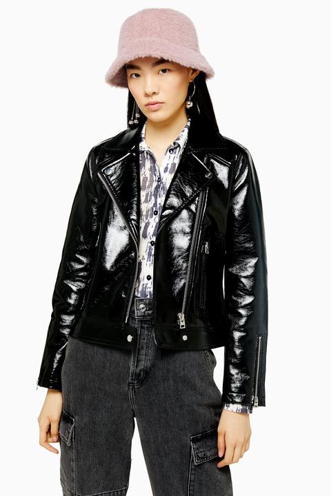 Womens Black Faux Leather Vinyl Jacket - Black, Black