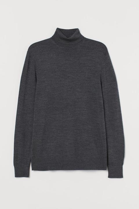 Merino Wool Polo-neck Jumper - Grey