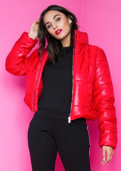 red cropped puffer jacket