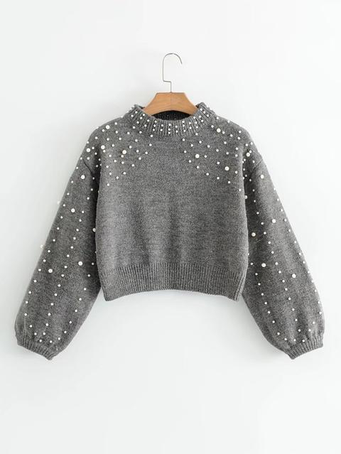 Lantern Sleeve Faux Pearl Crop Sweater