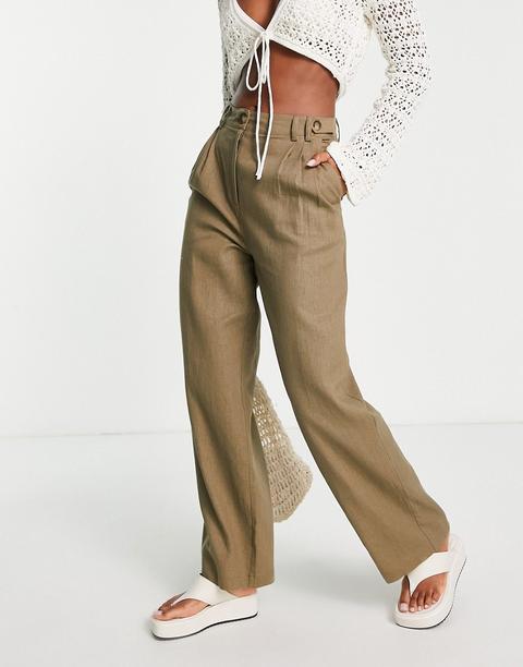 Pantalones Caquis De Pernera Recta Y Talle Medio Con Detalle De Botones De Lino De Topshop-verde