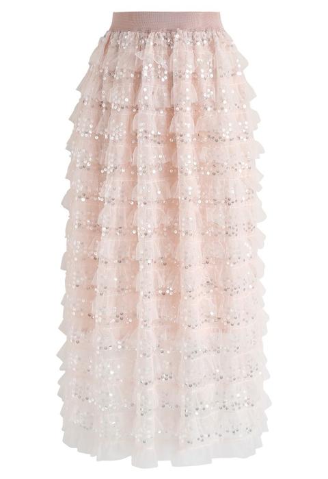 Glory Glow Sequins Mesh Midi Skirt In Blush