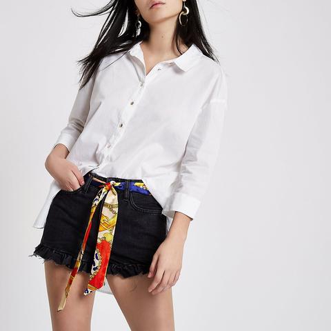 Black Scarf Belt Frill Hem Denim Shorts