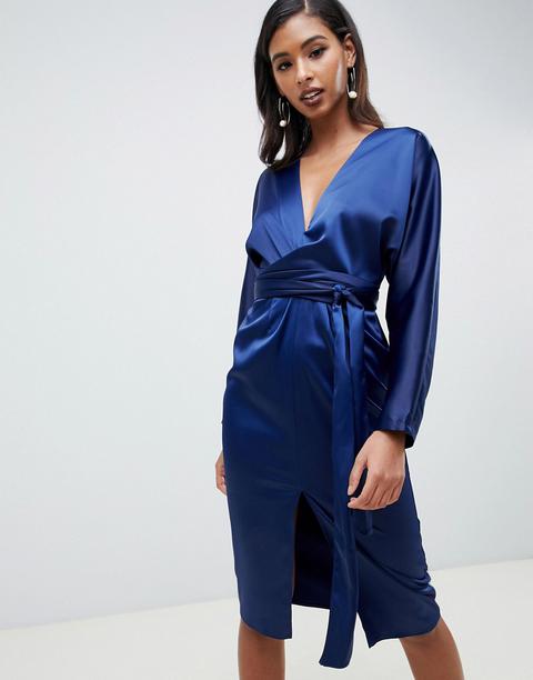 Asos Design - Robe Mi-longue En Satin À Manches Chauve-souris Et Ceinture Nouée - Bleu