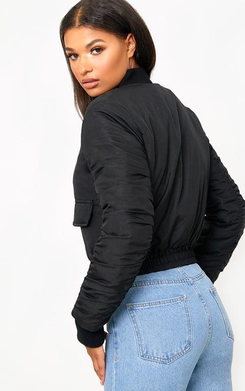 Deserae Black Cropped Statement Zip Pull Bomber Jacket