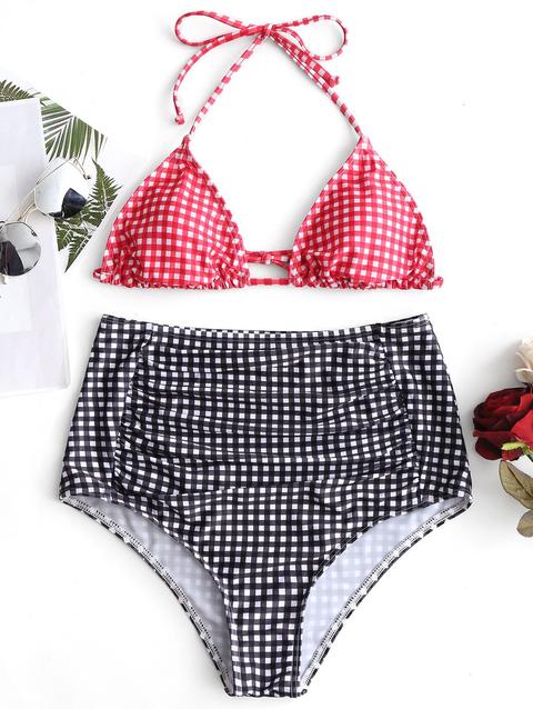 Bikini A Quadri Con Cintura A Vita Alta Checked